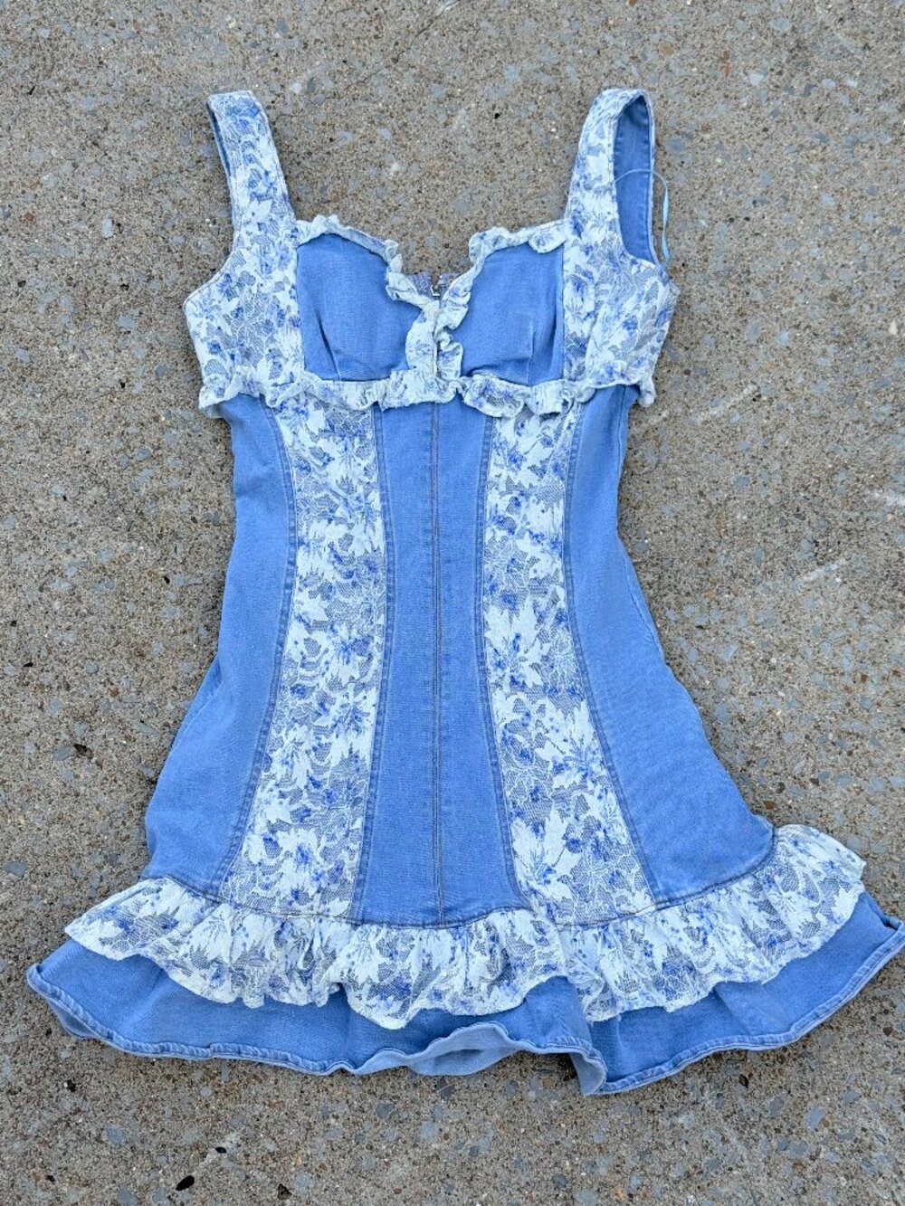 The Vintage Shop Size S Denim Lace Mini Dress Y2K Coquette Cottagecore Blue 4187